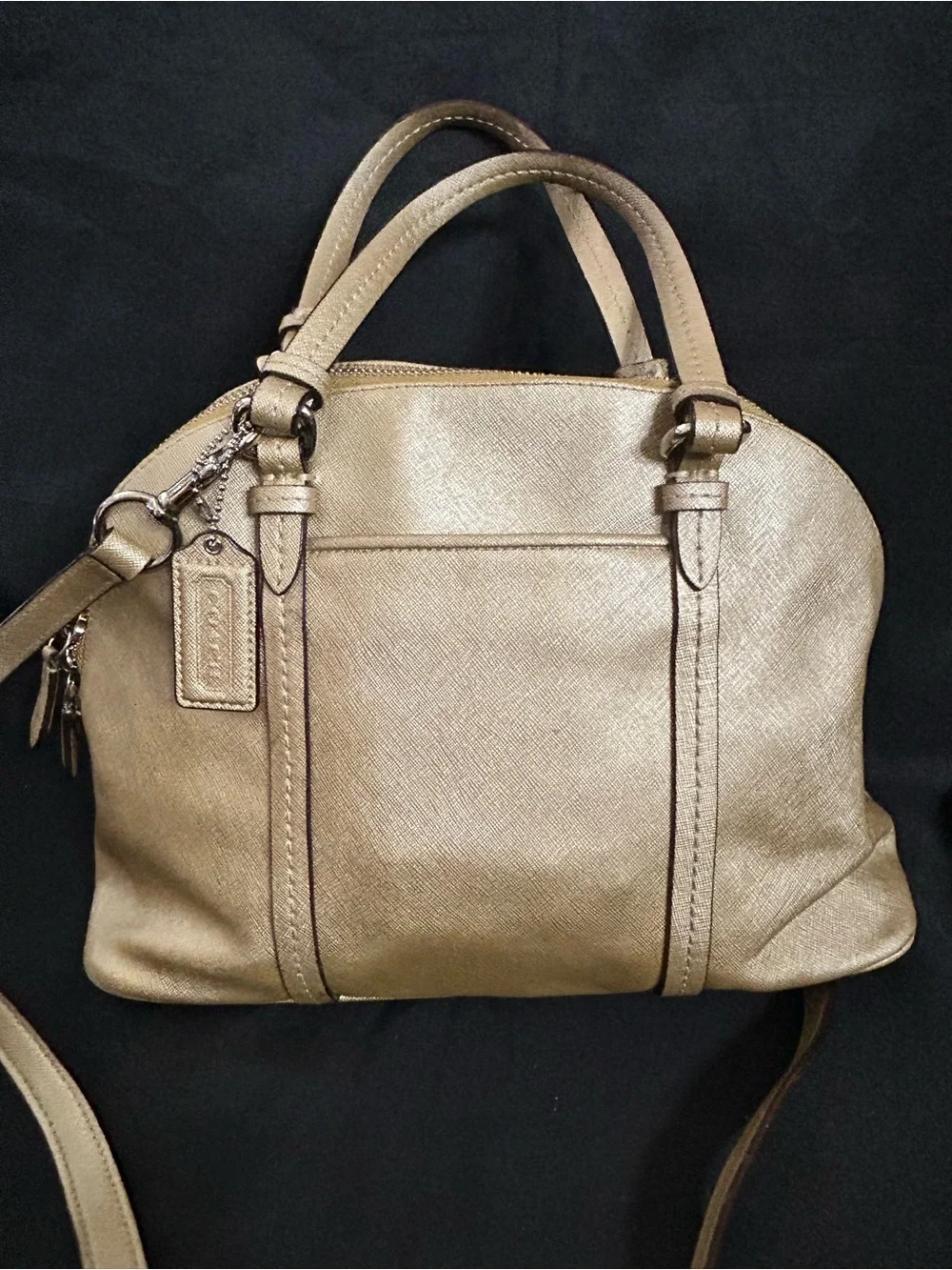 Coach Metallic Gold Dome Satchel with Crossbody Strap & Tassel